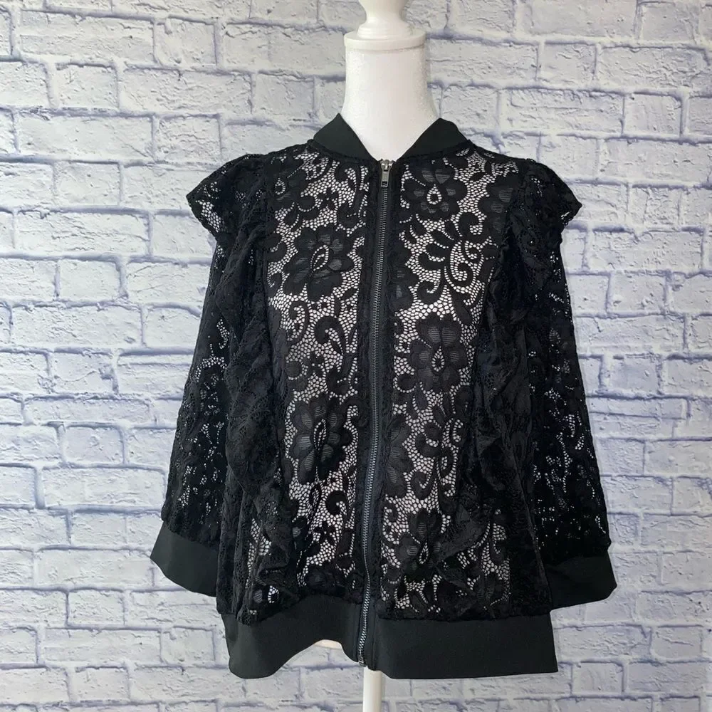 NWT Torrid Black Lace Ruffle Crop Bomber jacket - Picture 9 of 15
